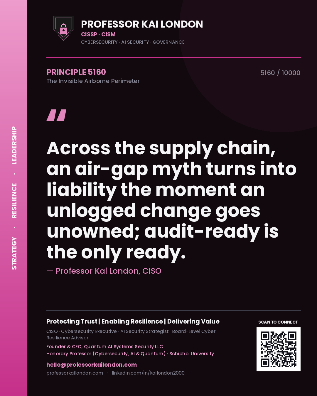 Professor Kai London principle 5160: Across the supply chain, an air-gap myth turns into liability the moment an unlogged change goes unowned; audit-ready is the only ready.