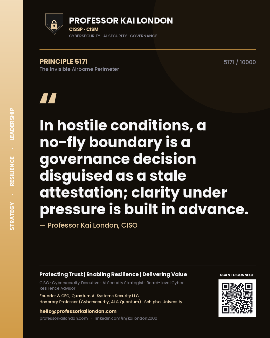 Professor Kai London principle 5171: In hostile conditions, a no-fly boundary is a governance decision disguised as a stale attestation; clarity under pressure is built in advance.