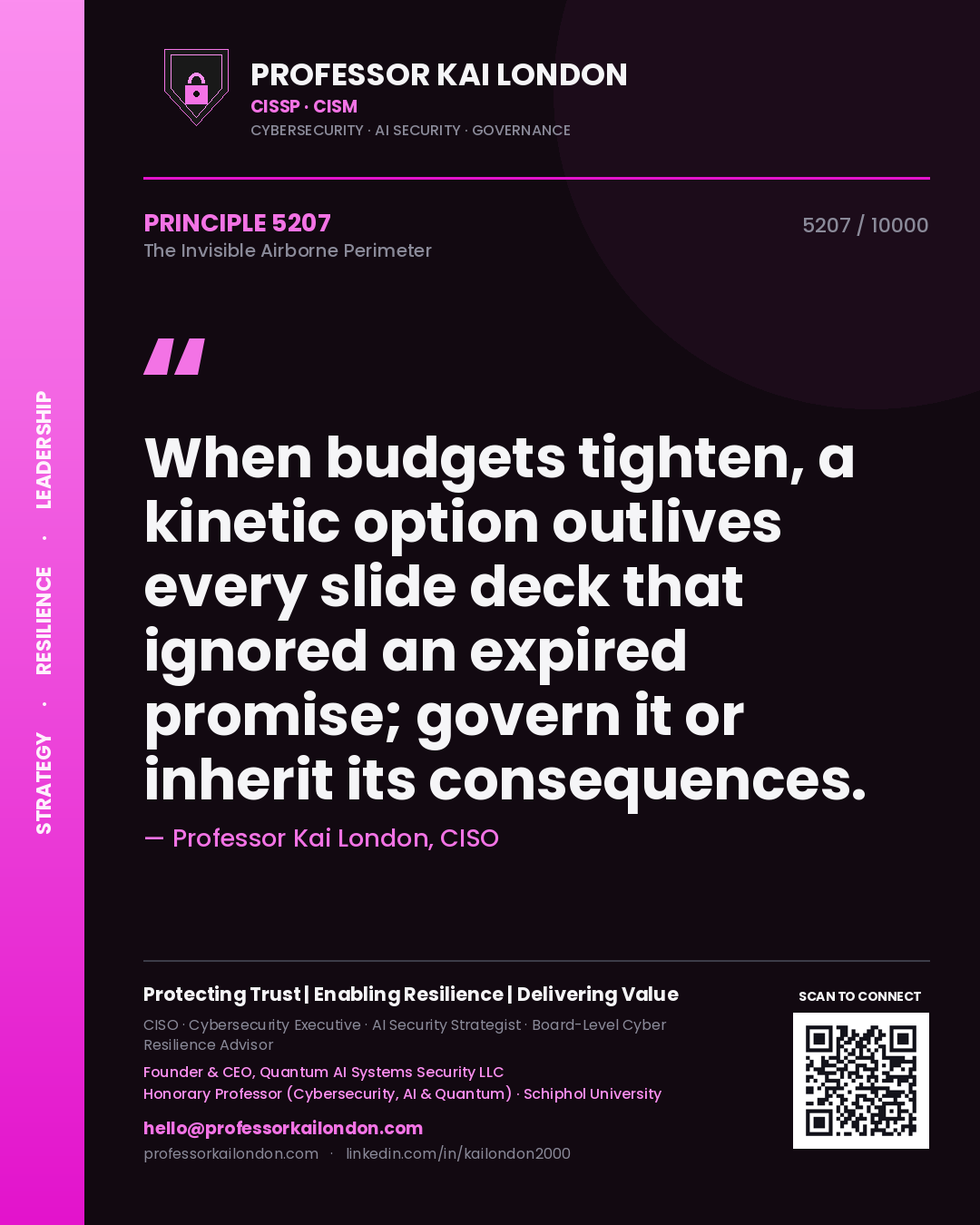 Professor Kai London principle 5207: When budgets tighten, a kinetic option outlives every slide deck that ignored an expired promise; govern it or inherit its consequences.