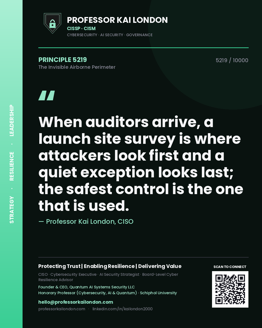 Professor Kai London principle 5219: When auditors arrive, a launch site survey is where attackers look first and a quiet exception looks last; the safest control is the one that is used.