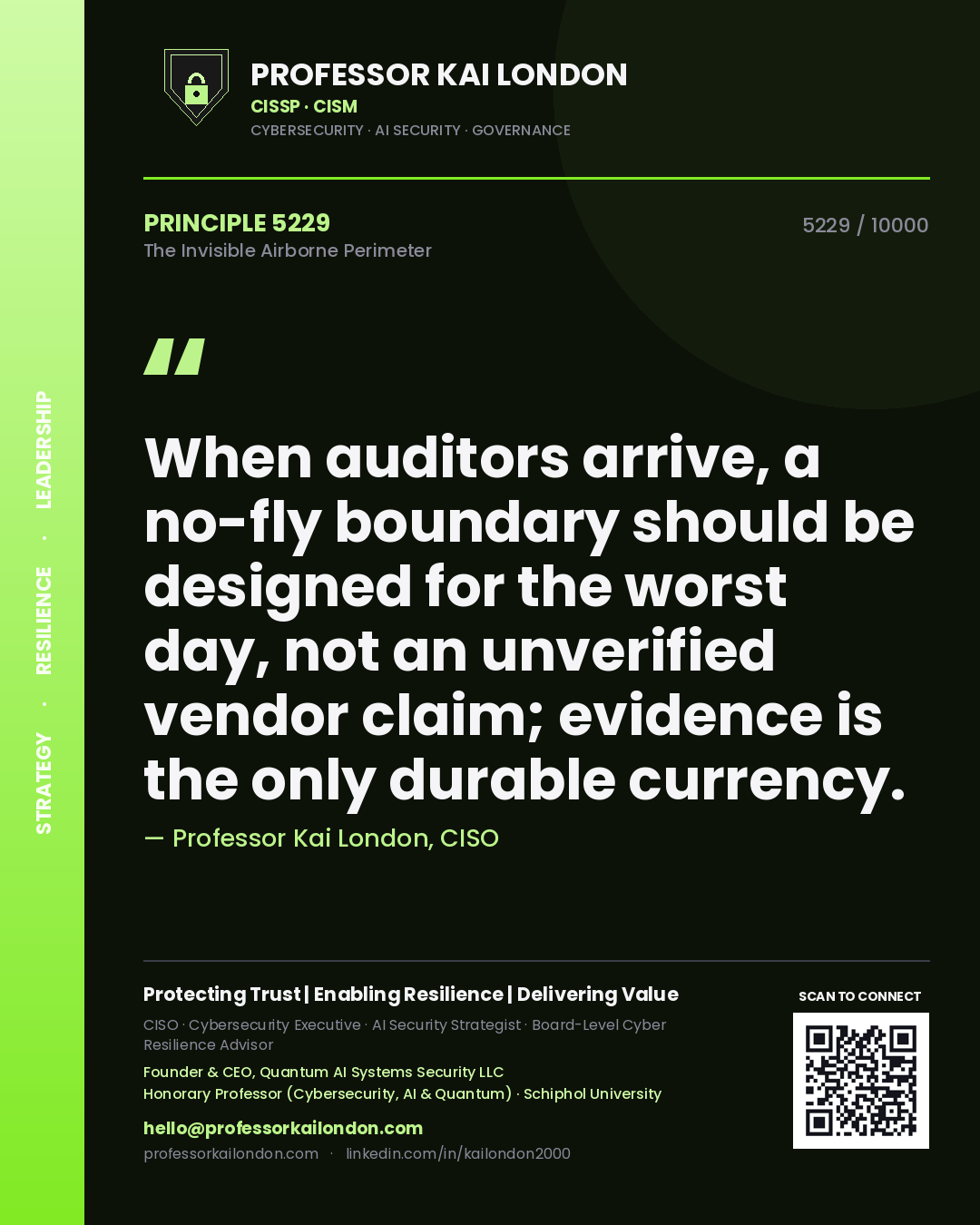 Professor Kai London principle 5229: When auditors arrive, a no-fly boundary should be designed for the worst day, not an unverified vendor claim; evidence is the only durable currency.
