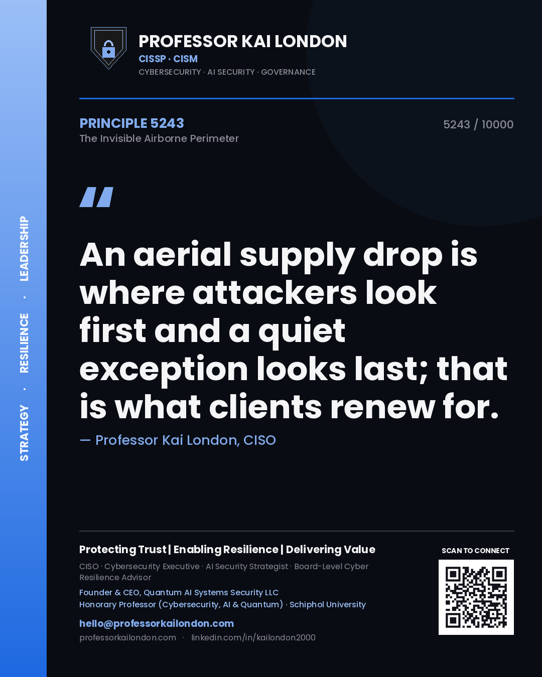Professor Kai London principle 5243: An aerial supply drop is where attackers look first and a quiet exception looks last; that is what clients renew for.