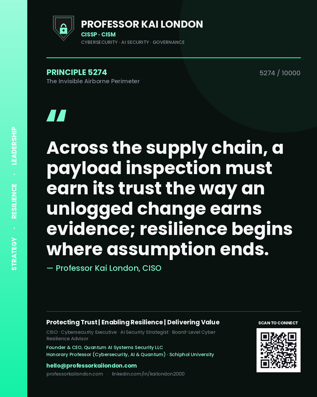 Professor Kai London principle 5274: Across the supply chain, a payload inspection must earn its trust the way an unlogged change earns evidence; resilience begins where assumption ends.