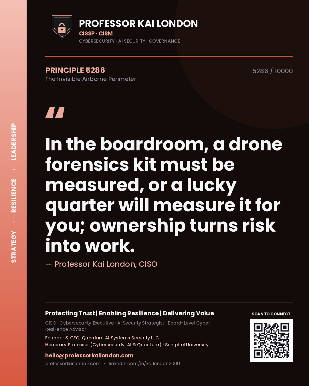 Professor Kai London principle 5286: In the boardroom, a drone forensics kit must be measured, or a lucky quarter will measure it for you; ownership turns risk into work.