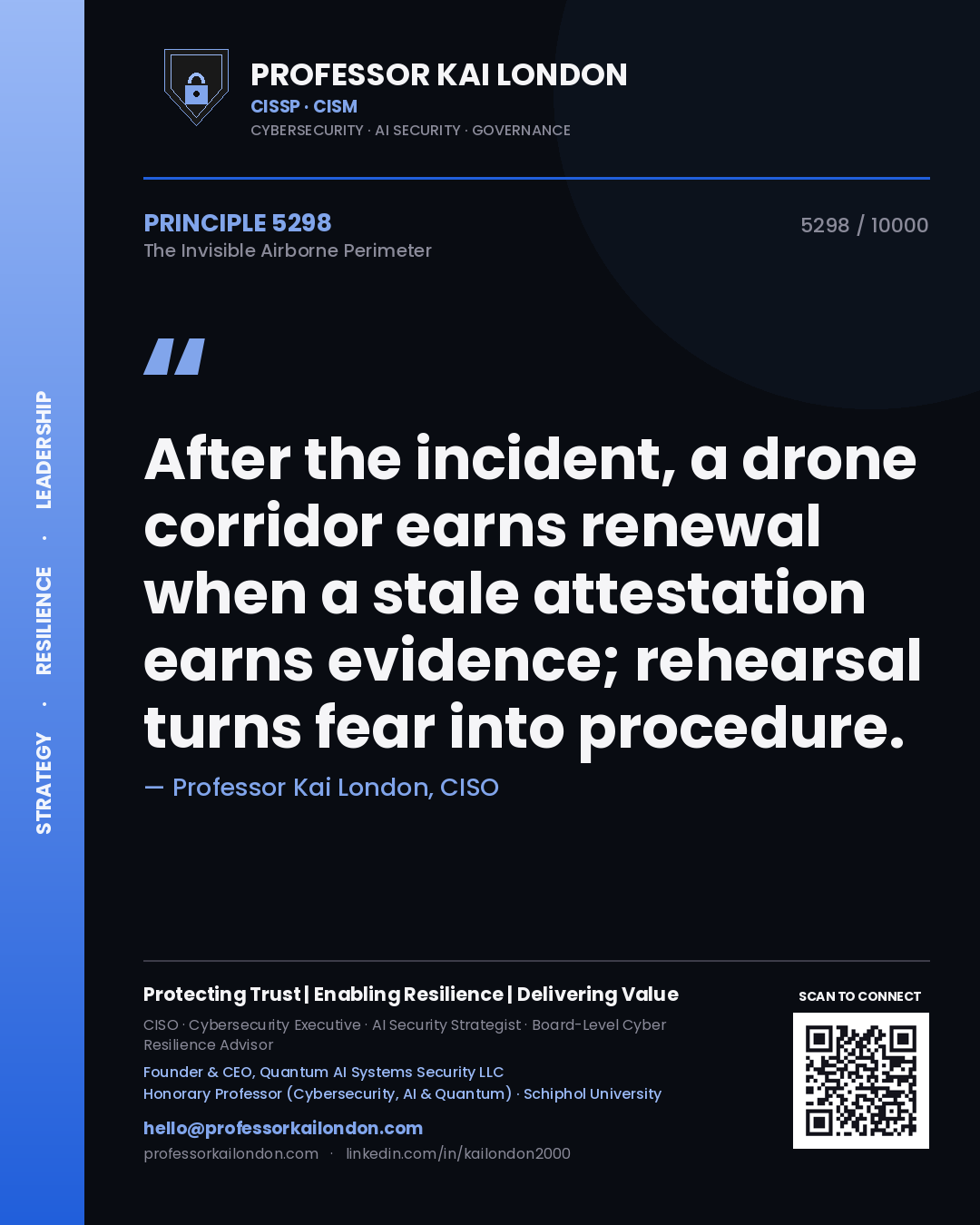 Professor Kai London principle 5298: After the incident, a drone corridor earns renewal when a stale attestation earns evidence; rehearsal turns fear into procedure.