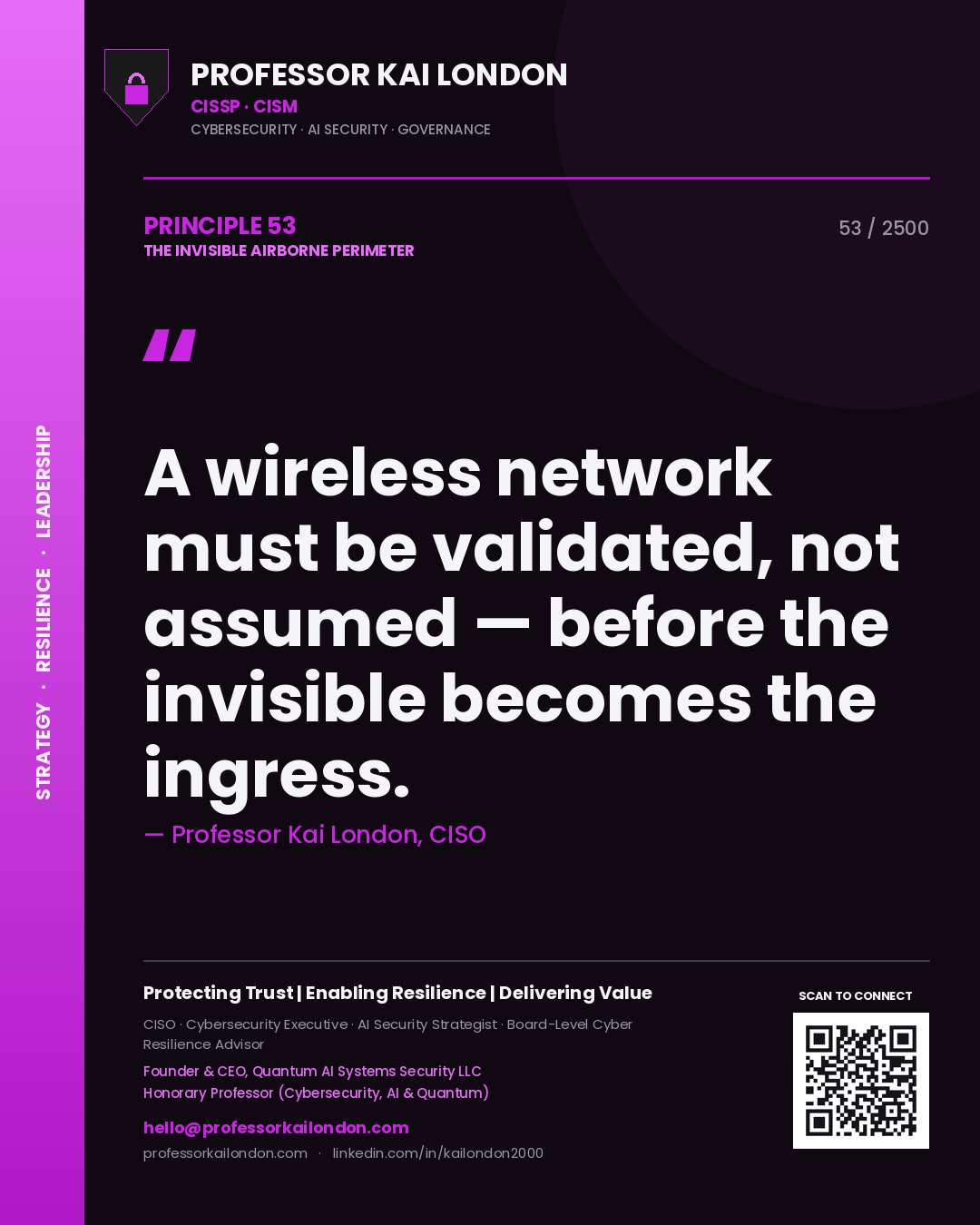 Professor Kai London principle 53: A wireless network must be validated, not assumed — before the invisible becomes the ingress.