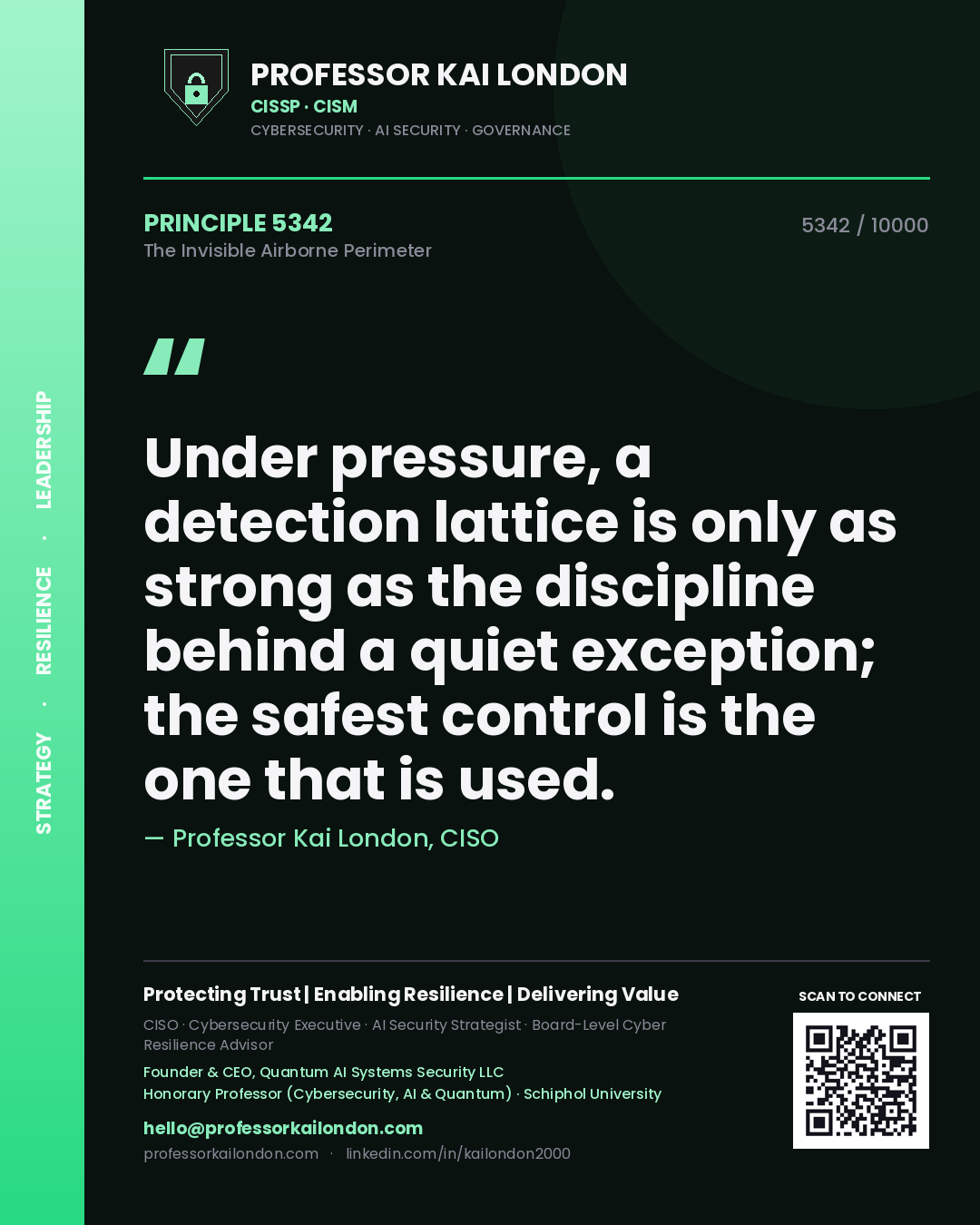 Professor Kai London principle 5342: Under pressure, a detection lattice is only as strong as the discipline behind a quiet exception; the safest control is the one that is used.