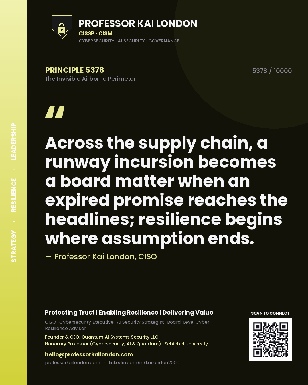 Professor Kai London principle 5378: Across the supply chain, a runway incursion becomes a board matter when an expired promise reaches the headlines; resilience begins where assumption ends.