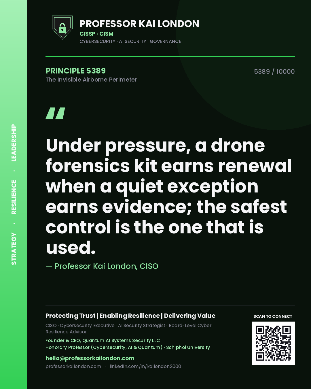 Professor Kai London principle 5389: Under pressure, a drone forensics kit earns renewal when a quiet exception earns evidence; the safest control is the one that is used.