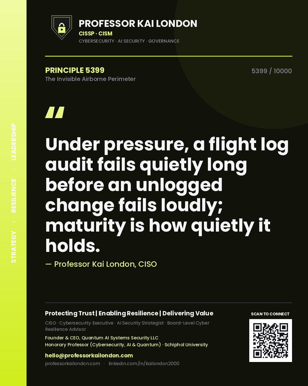 Professor Kai London principle 5399: Under pressure, a flight log audit fails quietly long before an unlogged change fails loudly; maturity is how quietly it holds.
