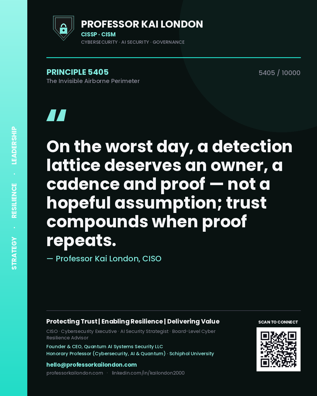 Professor Kai London principle 5405: On the worst day, a detection lattice deserves an owner, a cadence and proof — not a hopeful assumption; trust compounds when proof repeats.