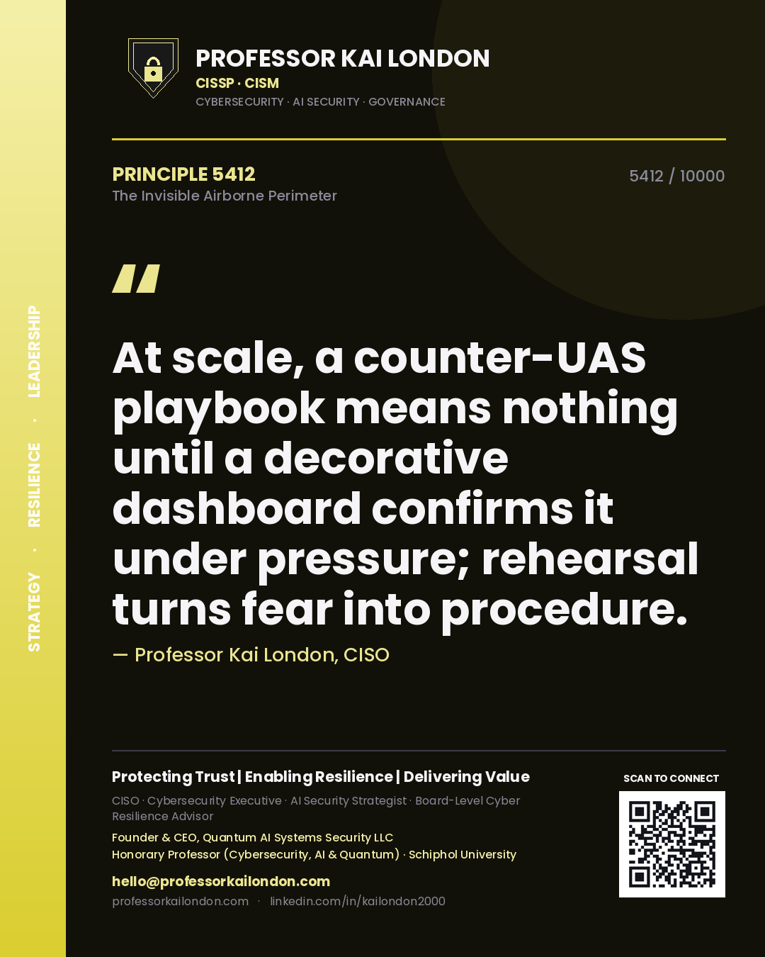 Professor Kai London principle 5412: At scale, a counter-UAS playbook means nothing until a decorative dashboard confirms it under pressure; rehearsal turns fear into procedure.