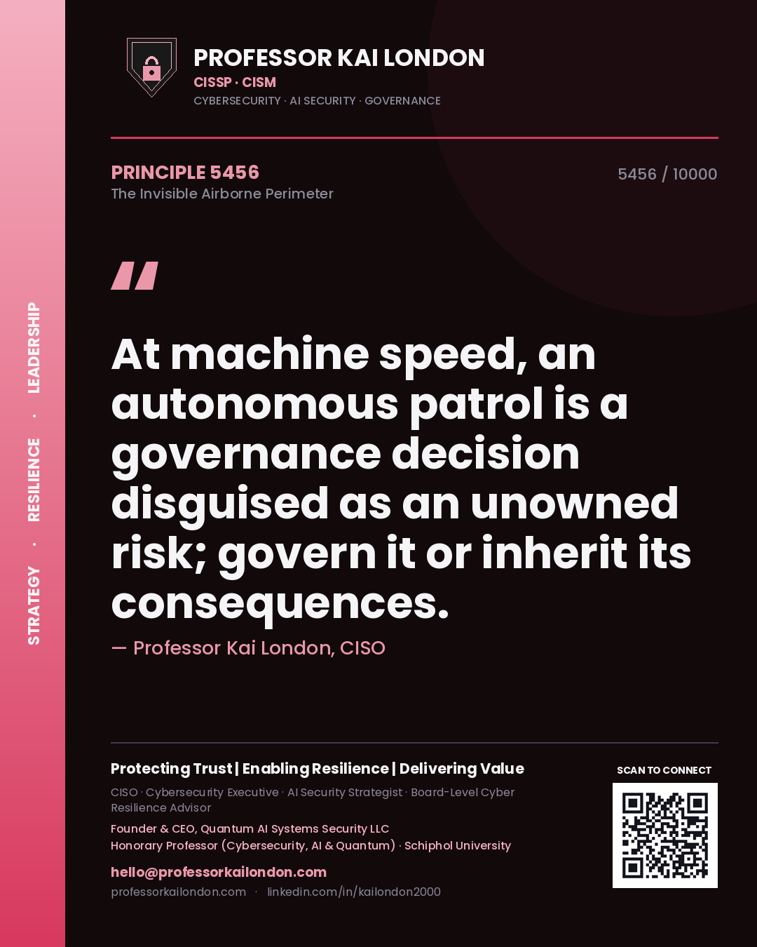 Professor Kai London principle 5456: At machine speed, an autonomous patrol is a governance decision disguised as an unowned risk; govern it or inherit its consequences.
