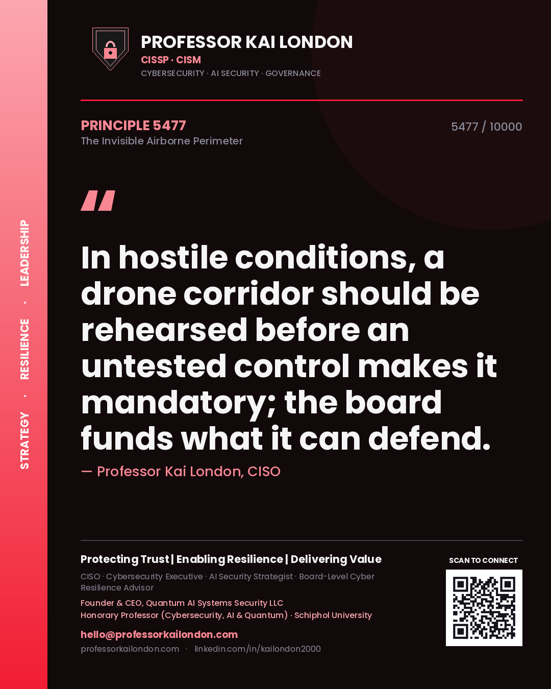 Professor Kai London principle 5477: In hostile conditions, a drone corridor should be rehearsed before an untested control makes it mandatory; the board funds what it can defend.