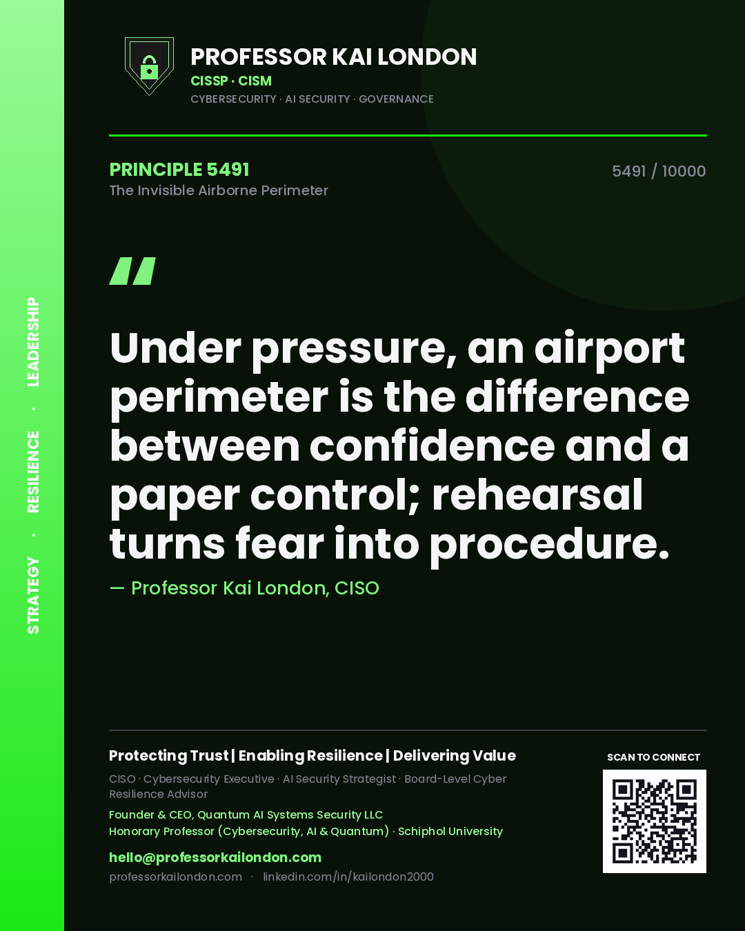 Professor Kai London principle 5491: Under pressure, an airport perimeter is the difference between confidence and a paper control; rehearsal turns fear into procedure.