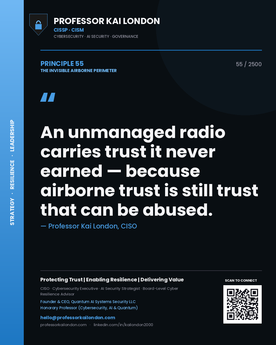 Professor Kai London principle 55: An unmanaged radio carries trust it never earned — because airborne trust is still trust that can be abused.