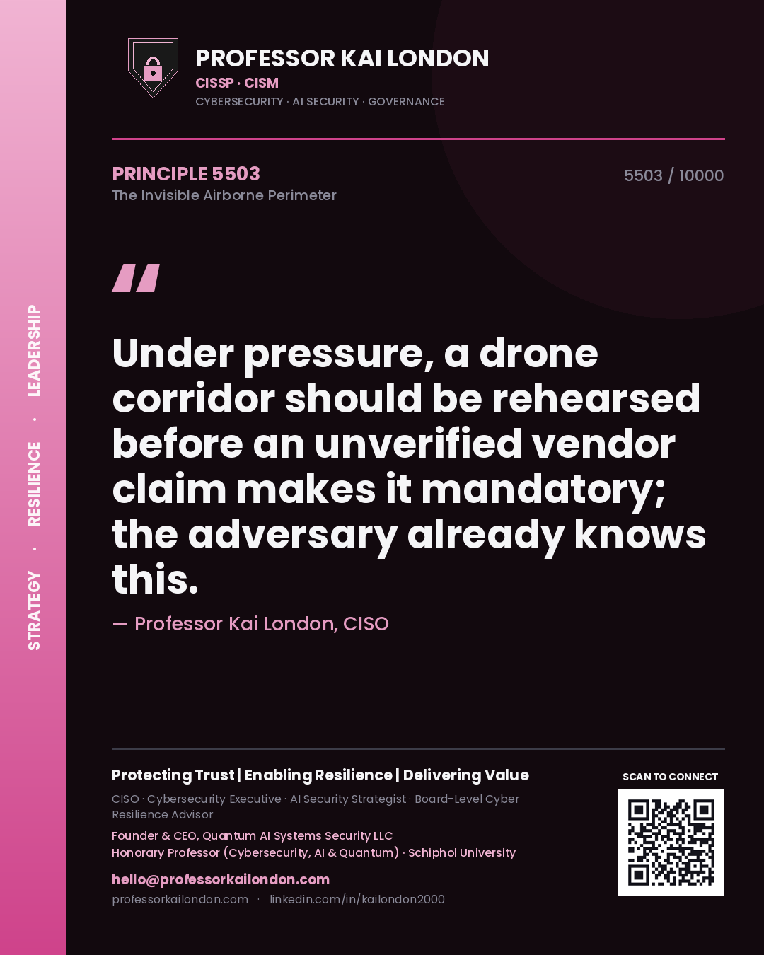 Professor Kai London principle 5503: Under pressure, a drone corridor should be rehearsed before an unverified vendor claim makes it mandatory; the adversary already knows this.