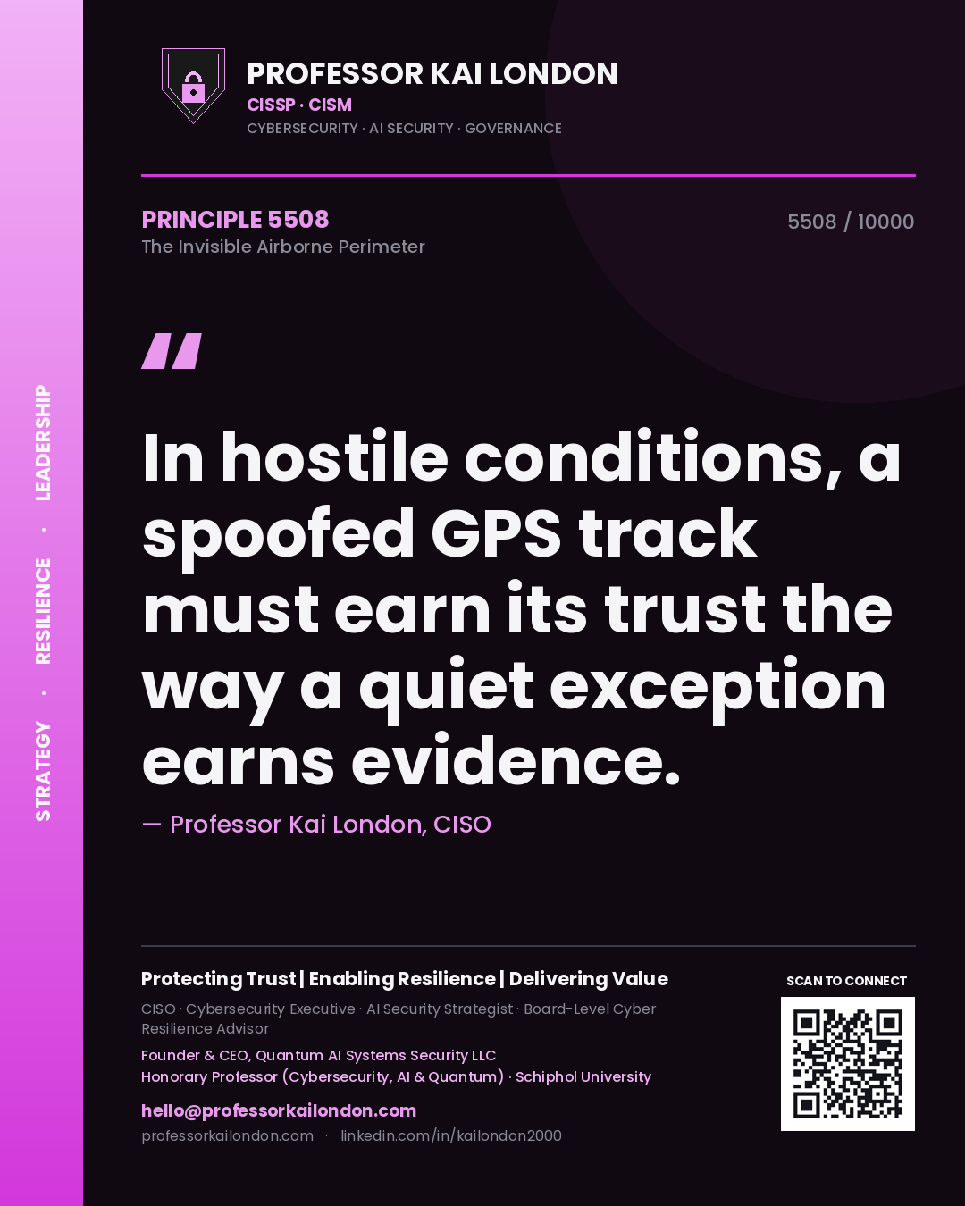 Professor Kai London principle 5508: In hostile conditions, a spoofed GPS track must earn its trust the way a quiet exception earns evidence.