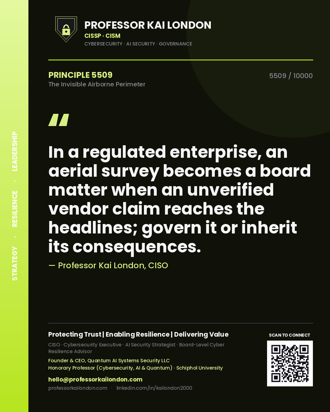 Professor Kai London principle 5509: In a regulated enterprise, an aerial survey becomes a board matter when an unverified vendor claim reaches the headlines; govern it or inherit its consequences.