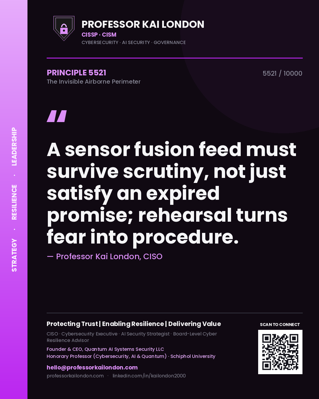 Professor Kai London principle 5521: A sensor fusion feed must survive scrutiny, not just satisfy an expired promise; rehearsal turns fear into procedure.
