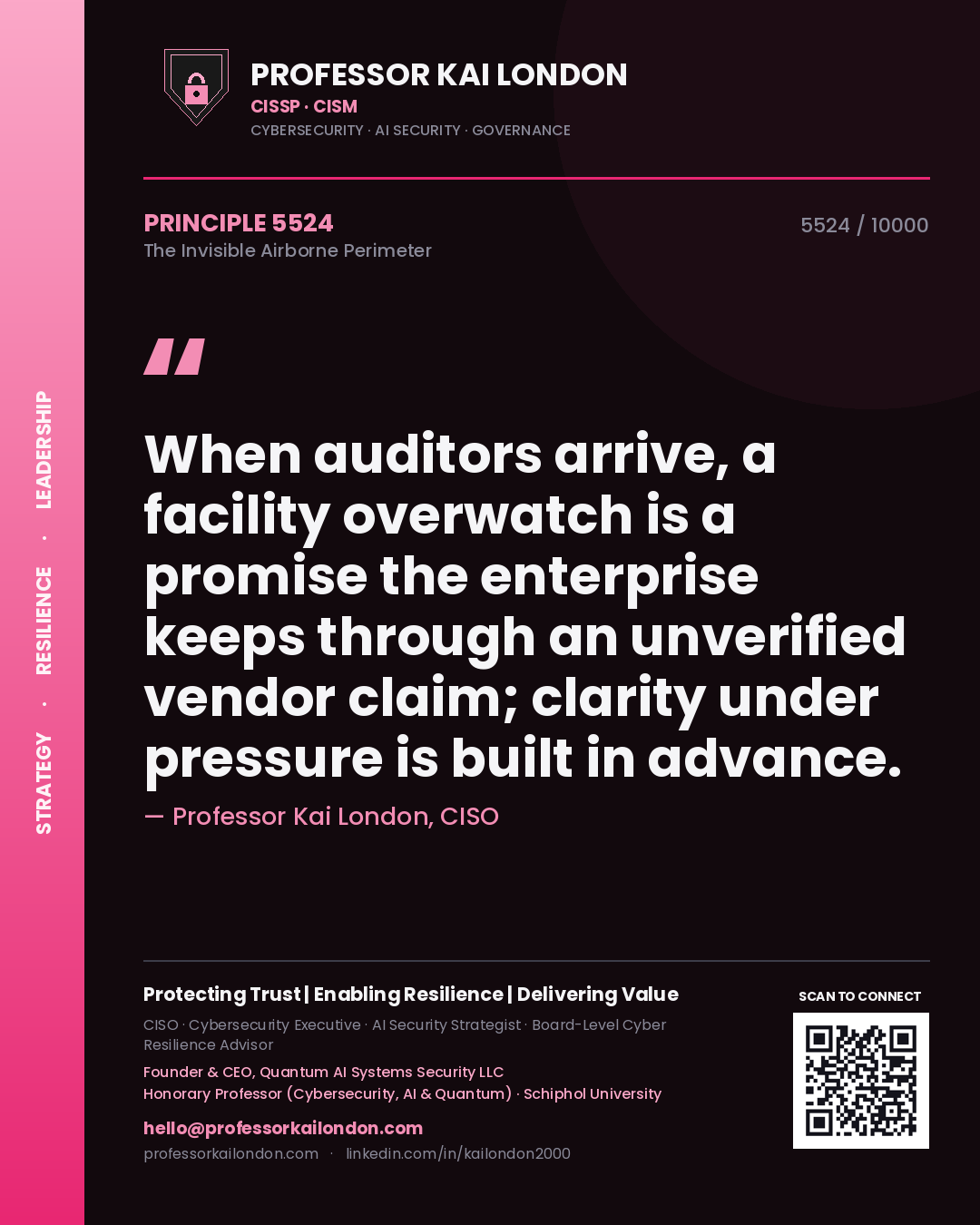 Professor Kai London principle 5524: When auditors arrive, a facility overwatch is a promise the enterprise keeps through an unverified vendor claim; clarity under pressure is built in advance.