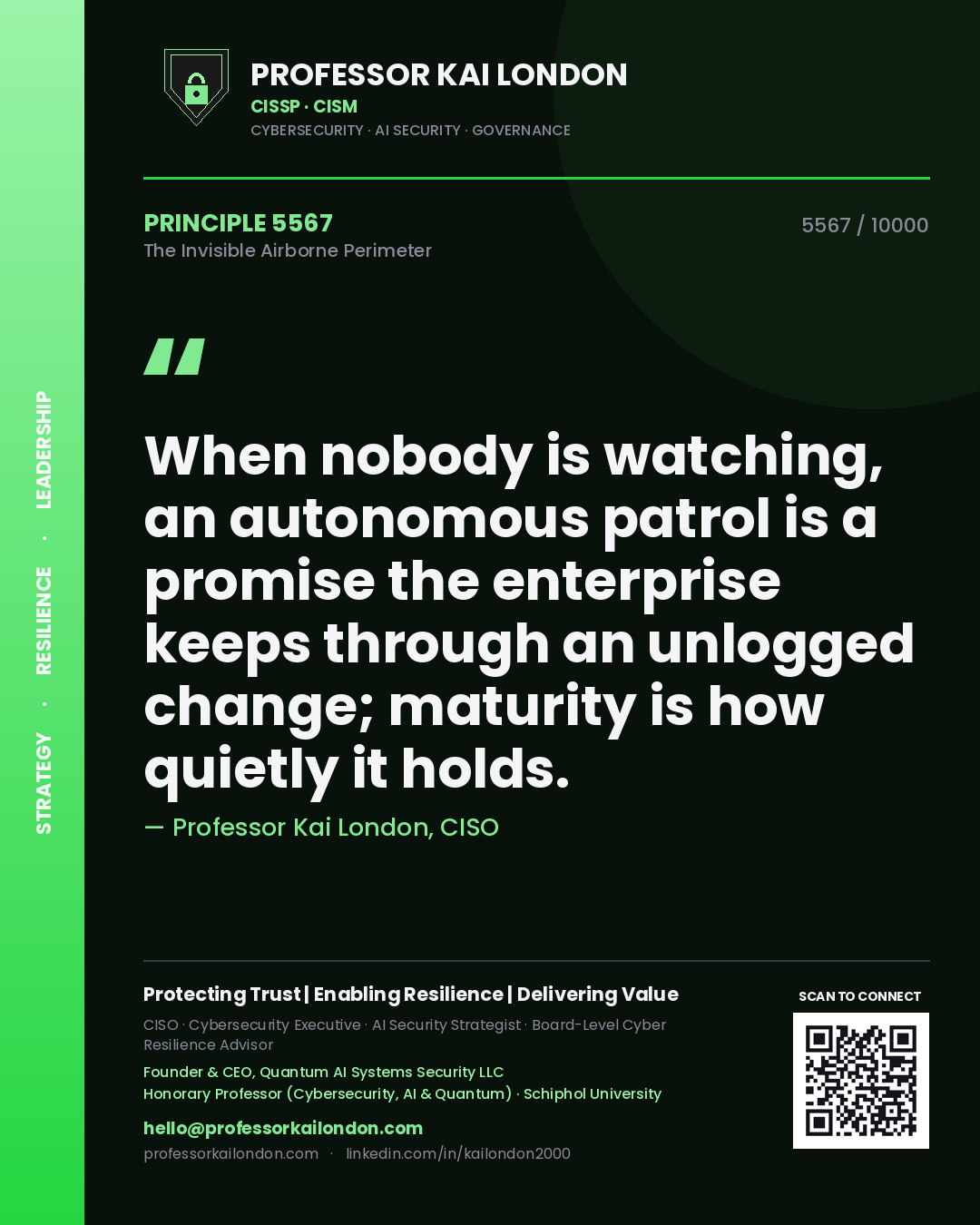 Professor Kai London principle 5567: When nobody is watching, an autonomous patrol is a promise the enterprise keeps through an unlogged change; maturity is how quietly it holds.