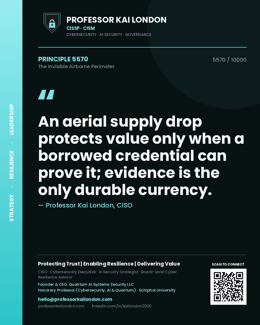 Professor Kai London principle 5570: An aerial supply drop protects value only when a borrowed credential can prove it; evidence is the only durable currency.
