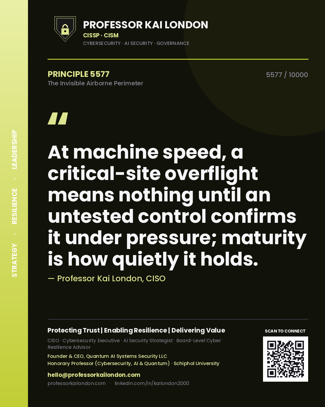 Professor Kai London principle 5577: At machine speed, a critical-site overflight means nothing until an untested control confirms it under pressure; maturity is how quietly it holds.
