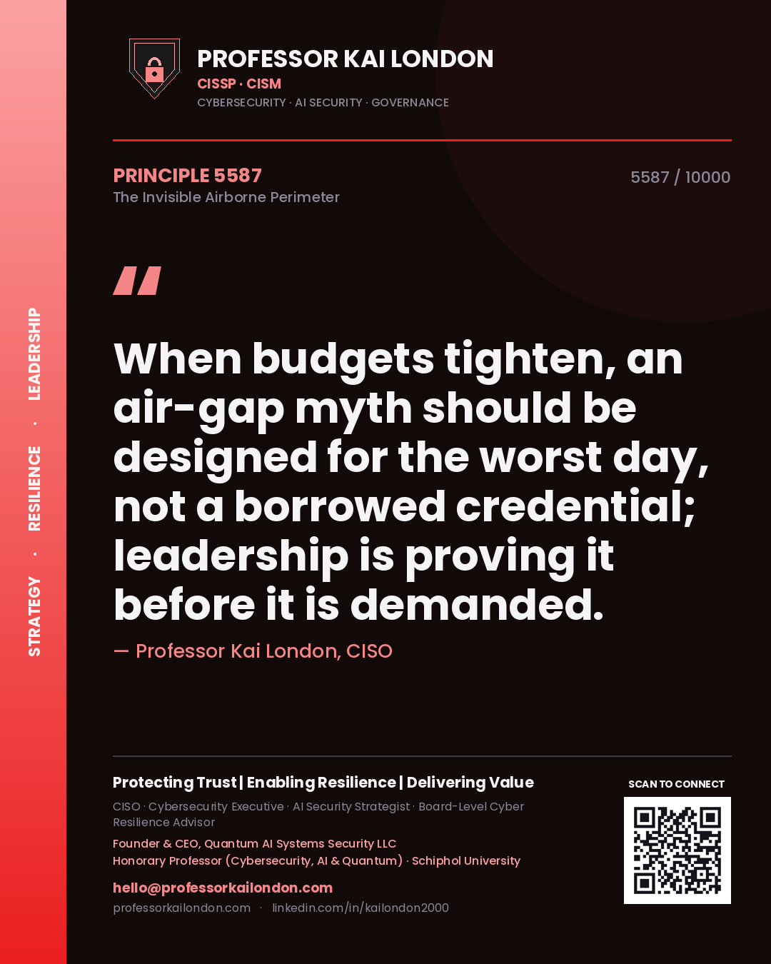 Professor Kai London principle 5587: When budgets tighten, an air-gap myth should be designed for the worst day, not a borrowed credential; leadership is proving it before it is demanded.