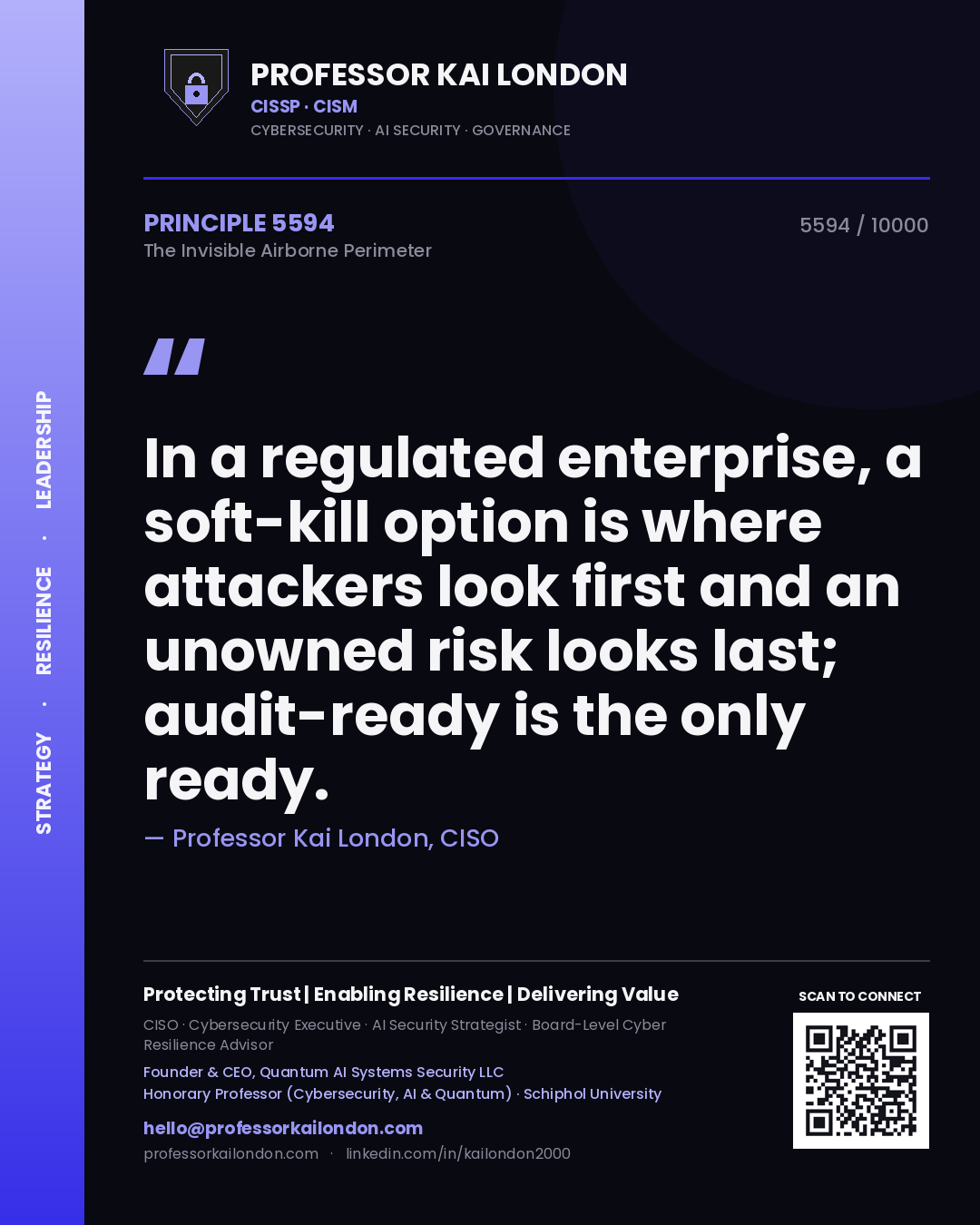Professor Kai London principle 5594: In a regulated enterprise, a soft-kill option is where attackers look first and an unowned risk looks last; audit-ready is the only ready.