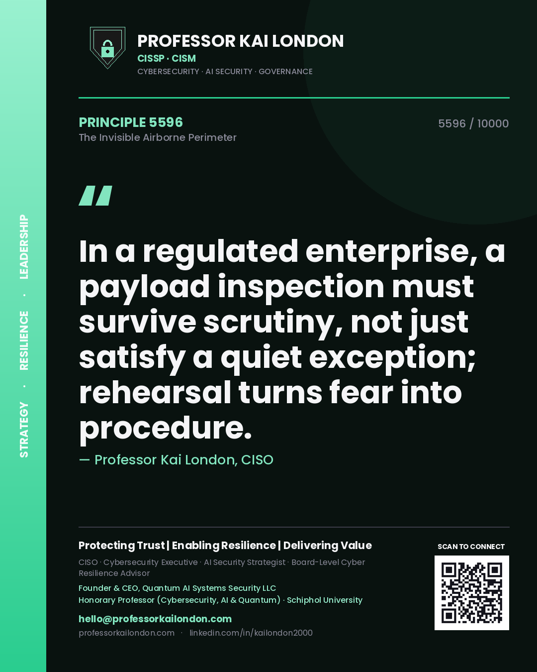 Professor Kai London principle 5596: In a regulated enterprise, a payload inspection must survive scrutiny, not just satisfy a quiet exception; rehearsal turns fear into procedure.