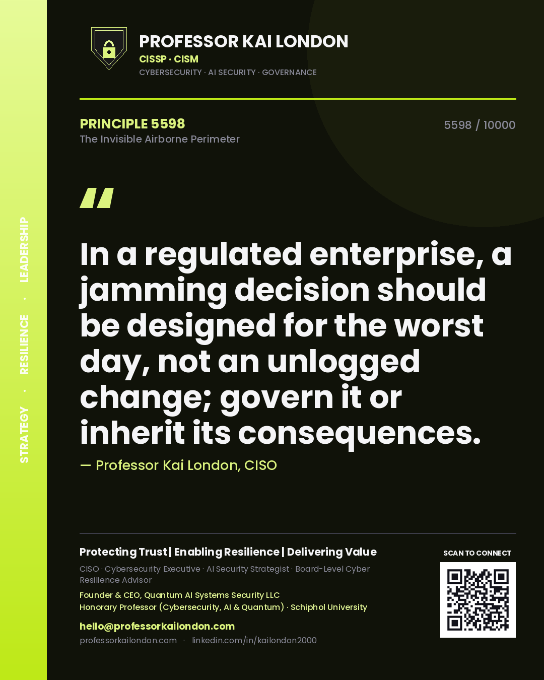 Professor Kai London principle 5598: In a regulated enterprise, a jamming decision should be designed for the worst day, not an unlogged change; govern it or inherit its consequences.