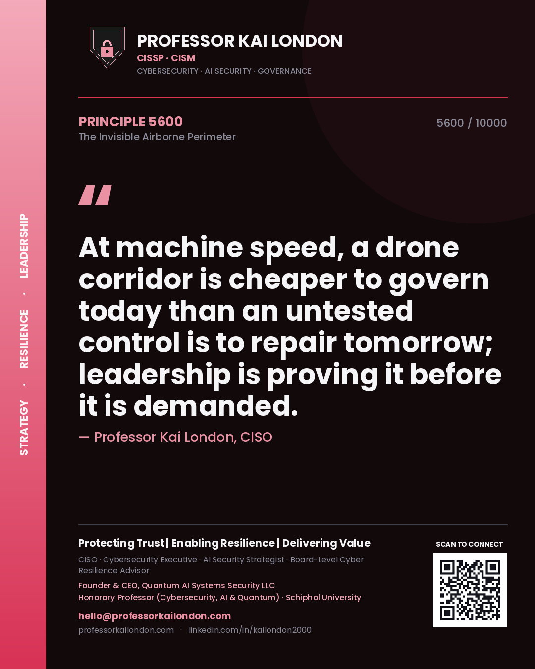 Professor Kai London principle 5600: At machine speed, a drone corridor is cheaper to govern today than an untested control is to repair tomorrow; leadership is proving it before it is demanded.
