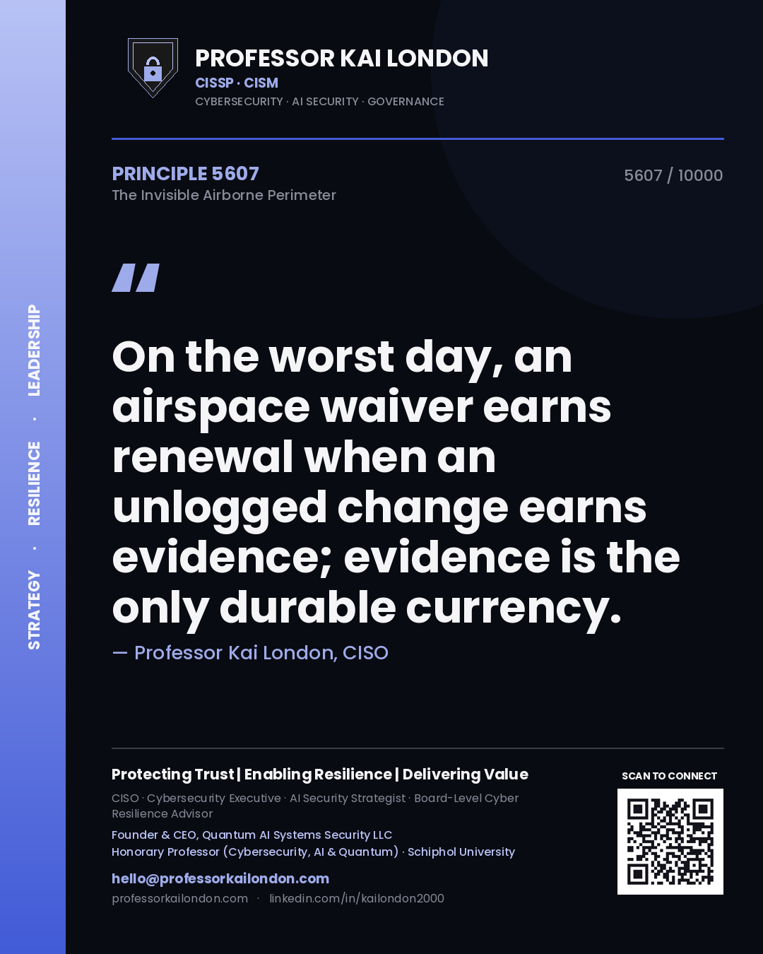 Professor Kai London principle 5607: On the worst day, an airspace waiver earns renewal when an unlogged change earns evidence; evidence is the only durable currency.