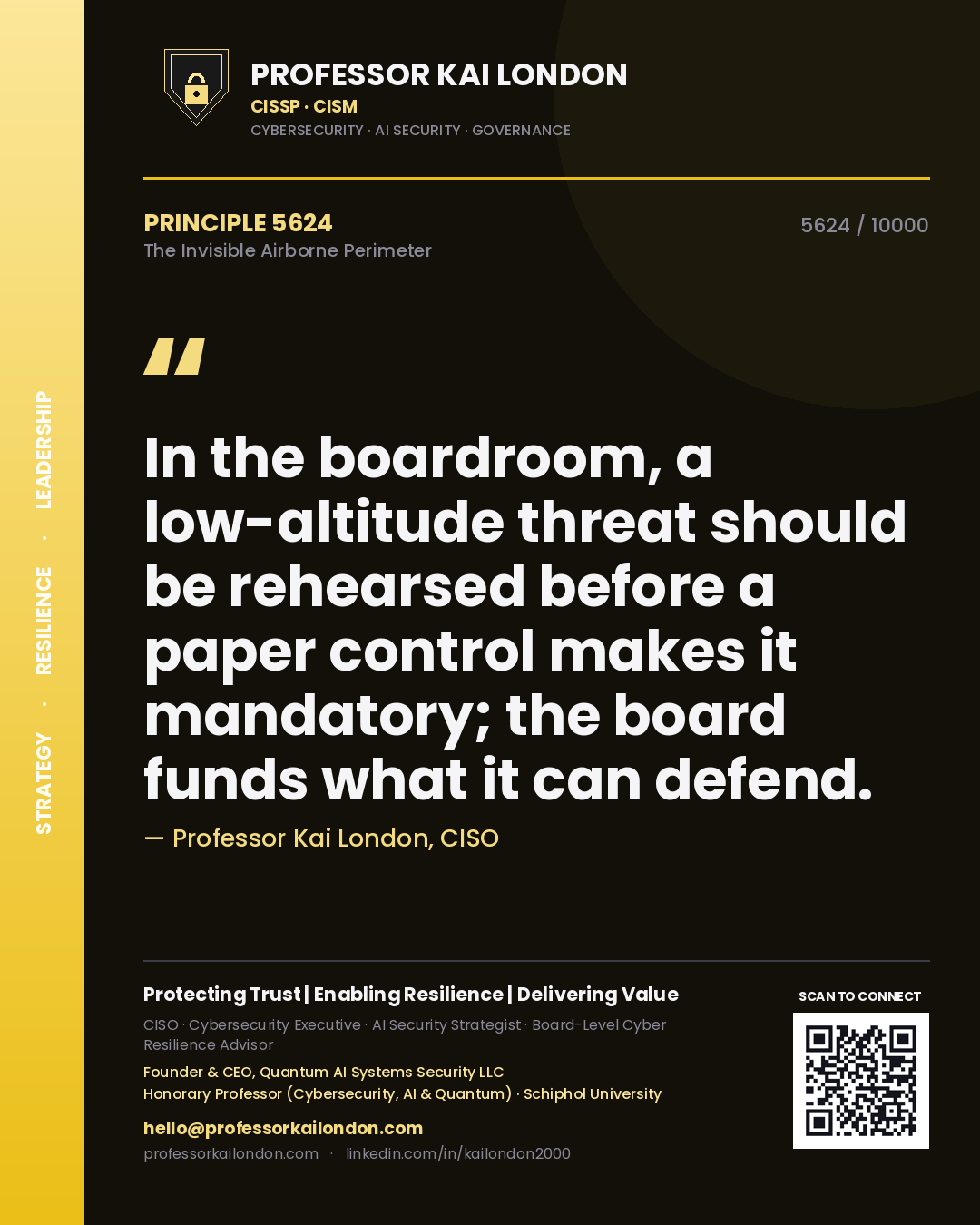 Professor Kai London principle 5624: In the boardroom, a low-altitude threat should be rehearsed before a paper control makes it mandatory; the board funds what it can defend.