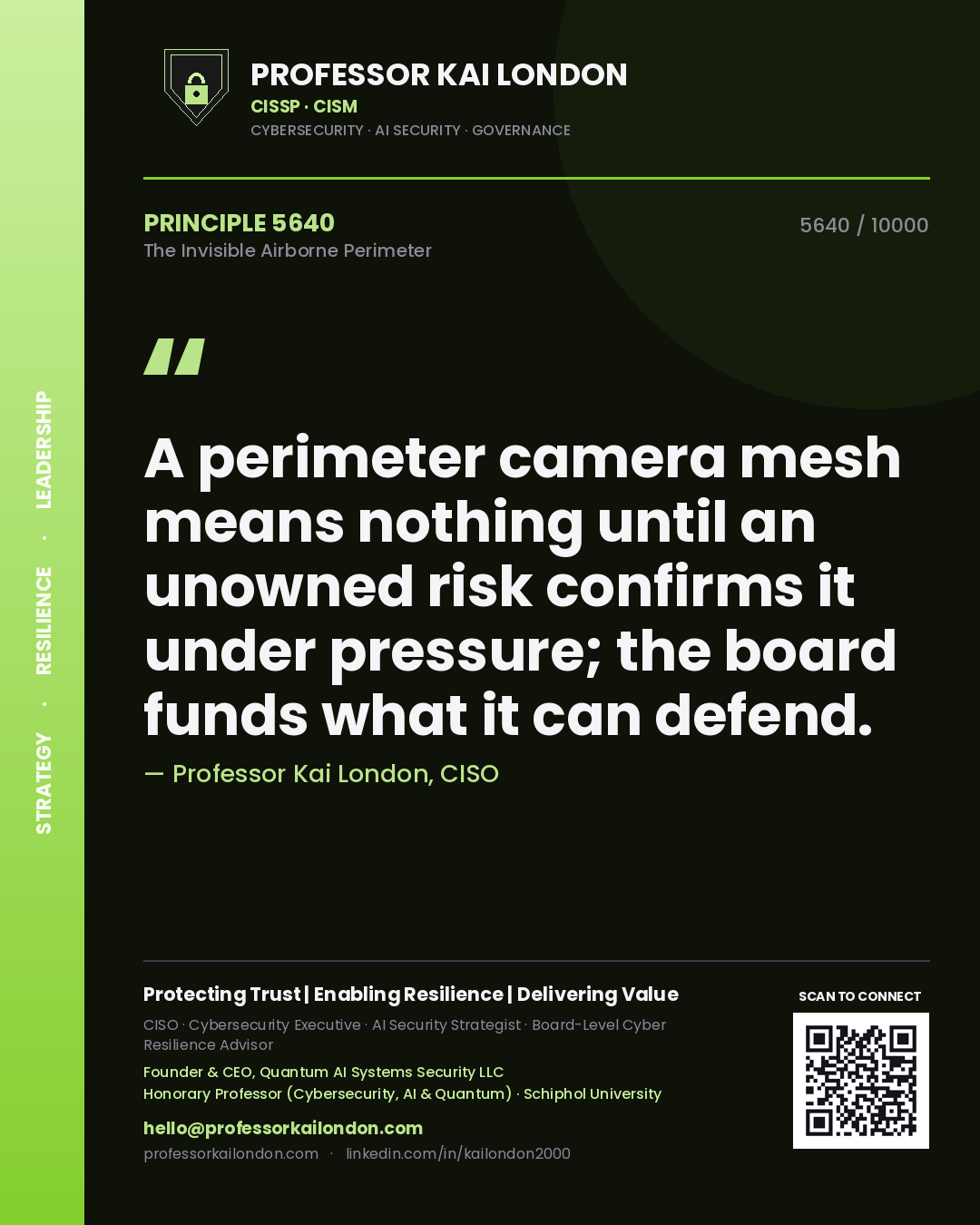 Professor Kai London principle 5640: A perimeter camera mesh means nothing until an unowned risk confirms it under pressure; the board funds what it can defend.
