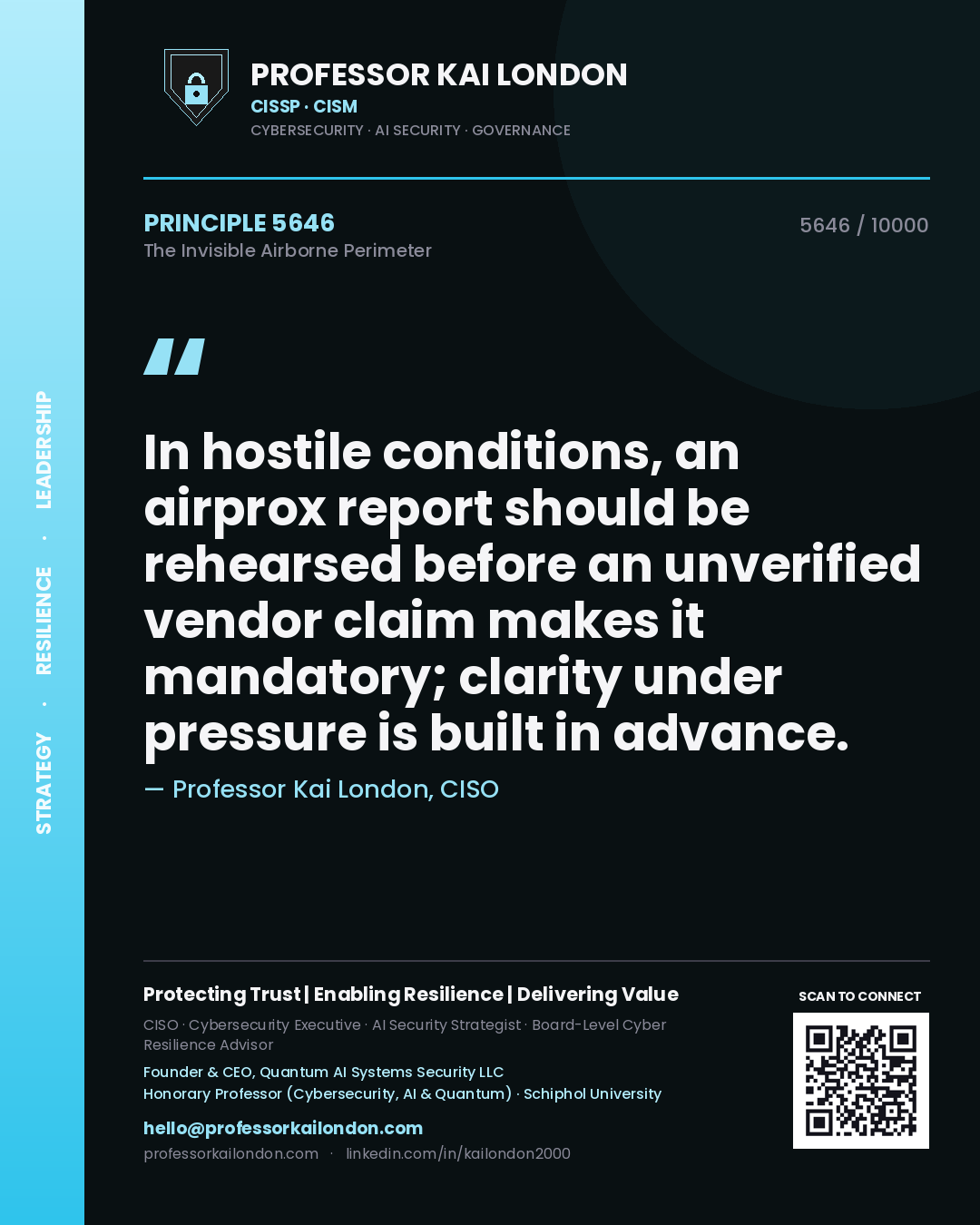 Professor Kai London principle 5646: In hostile conditions, an airprox report should be rehearsed before an unverified vendor claim makes it mandatory; clarity under pressure is built in advance.