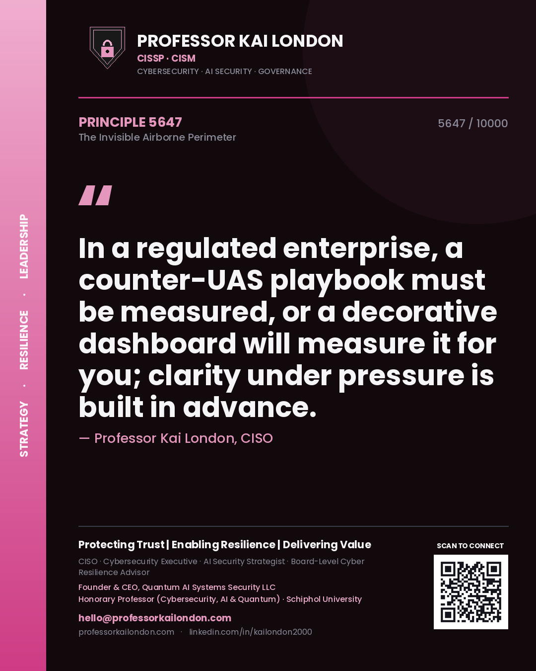Professor Kai London principle 5647: In a regulated enterprise, a counter-UAS playbook must be measured, or a decorative dashboard will measure it for you; clarity under pressure is built in advance.