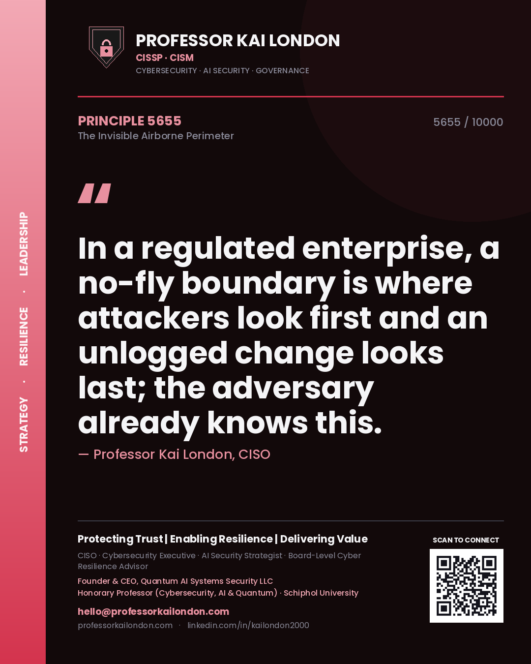 Professor Kai London principle 5655: In a regulated enterprise, a no-fly boundary is where attackers look first and an unlogged change looks last; the adversary already knows this.