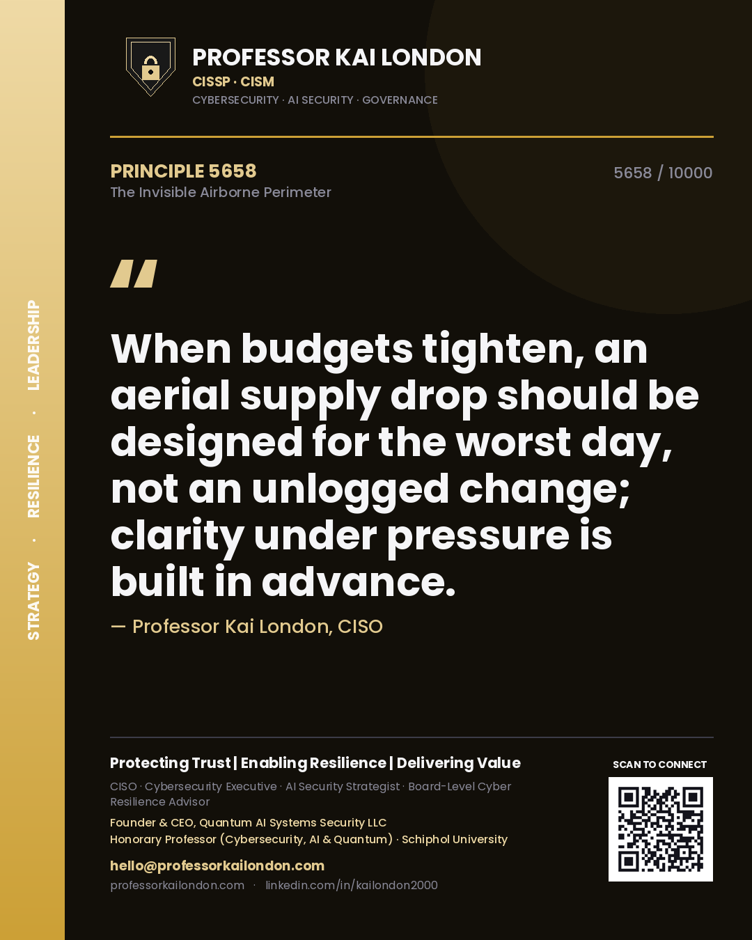 Professor Kai London principle 5658: When budgets tighten, an aerial supply drop should be designed for the worst day, not an unlogged change; clarity under pressure is built in advance.
