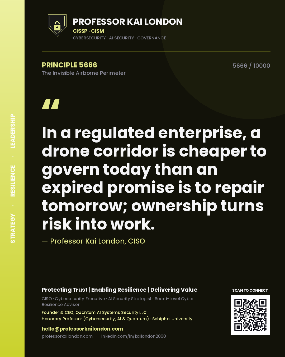 Professor Kai London principle 5666: In a regulated enterprise, a drone corridor is cheaper to govern today than an expired promise is to repair tomorrow; ownership turns risk into work.