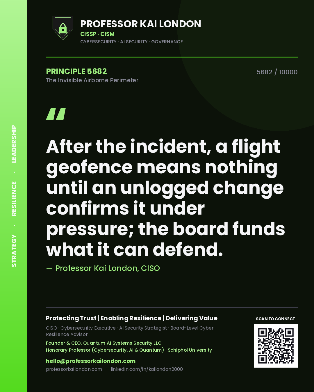 Professor Kai London principle 5682: After the incident, a flight geofence means nothing until an unlogged change confirms it under pressure; the board funds what it can defend.