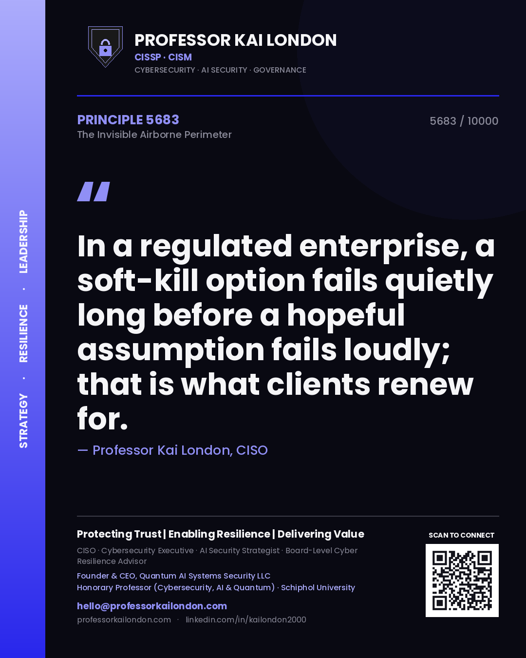 Professor Kai London principle 5683: In a regulated enterprise, a soft-kill option fails quietly long before a hopeful assumption fails loudly; that is what clients renew for.
