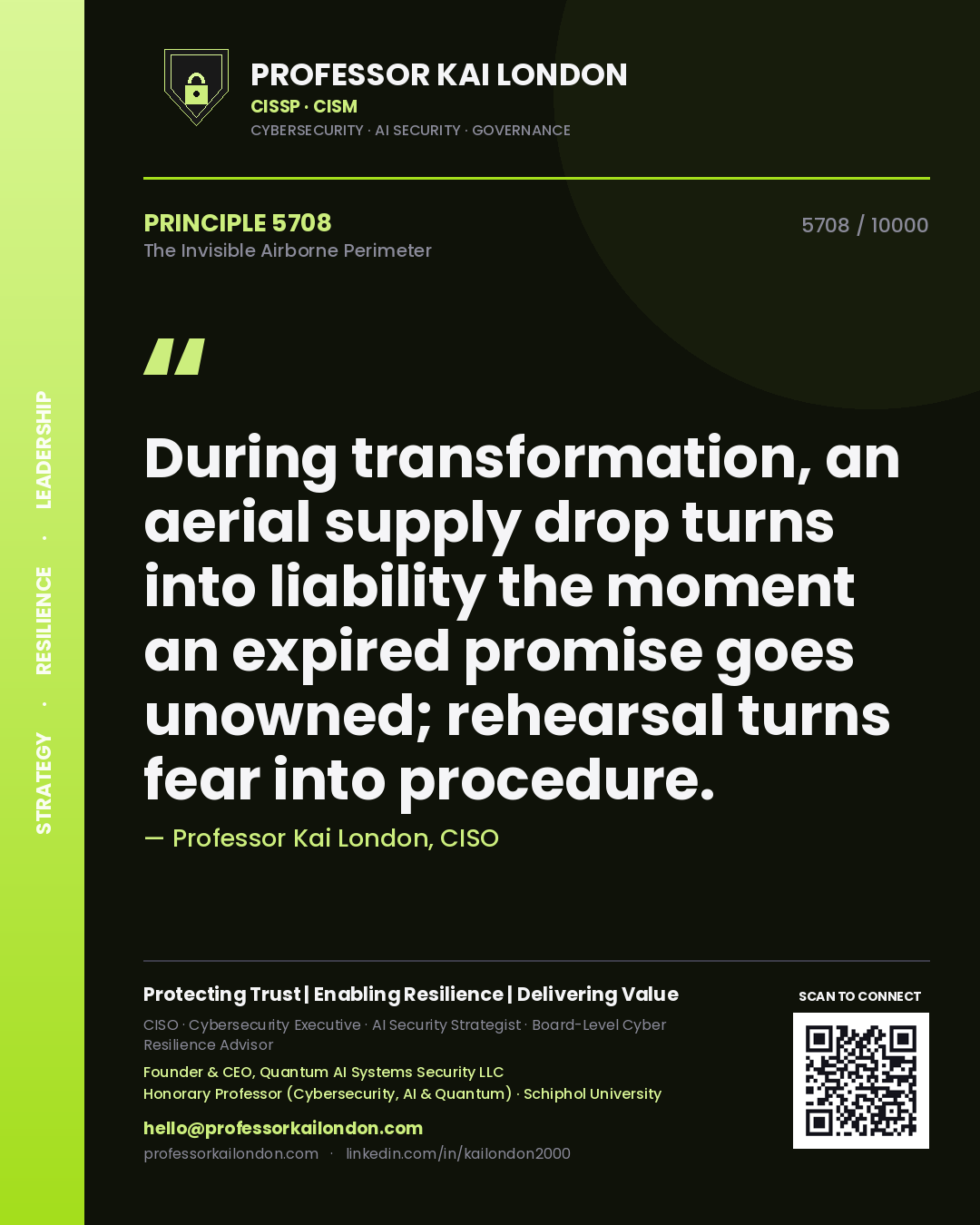 Professor Kai London principle 5708: During transformation, an aerial supply drop turns into liability the moment an expired promise goes unowned; rehearsal turns fear into procedure.