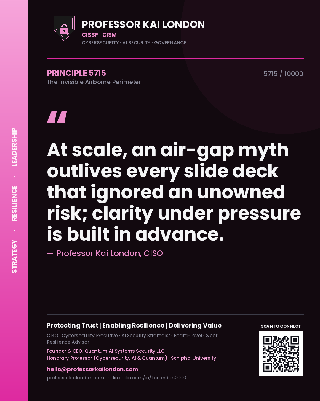 Professor Kai London principle 5715: At scale, an air-gap myth outlives every slide deck that ignored an unowned risk; clarity under pressure is built in advance.