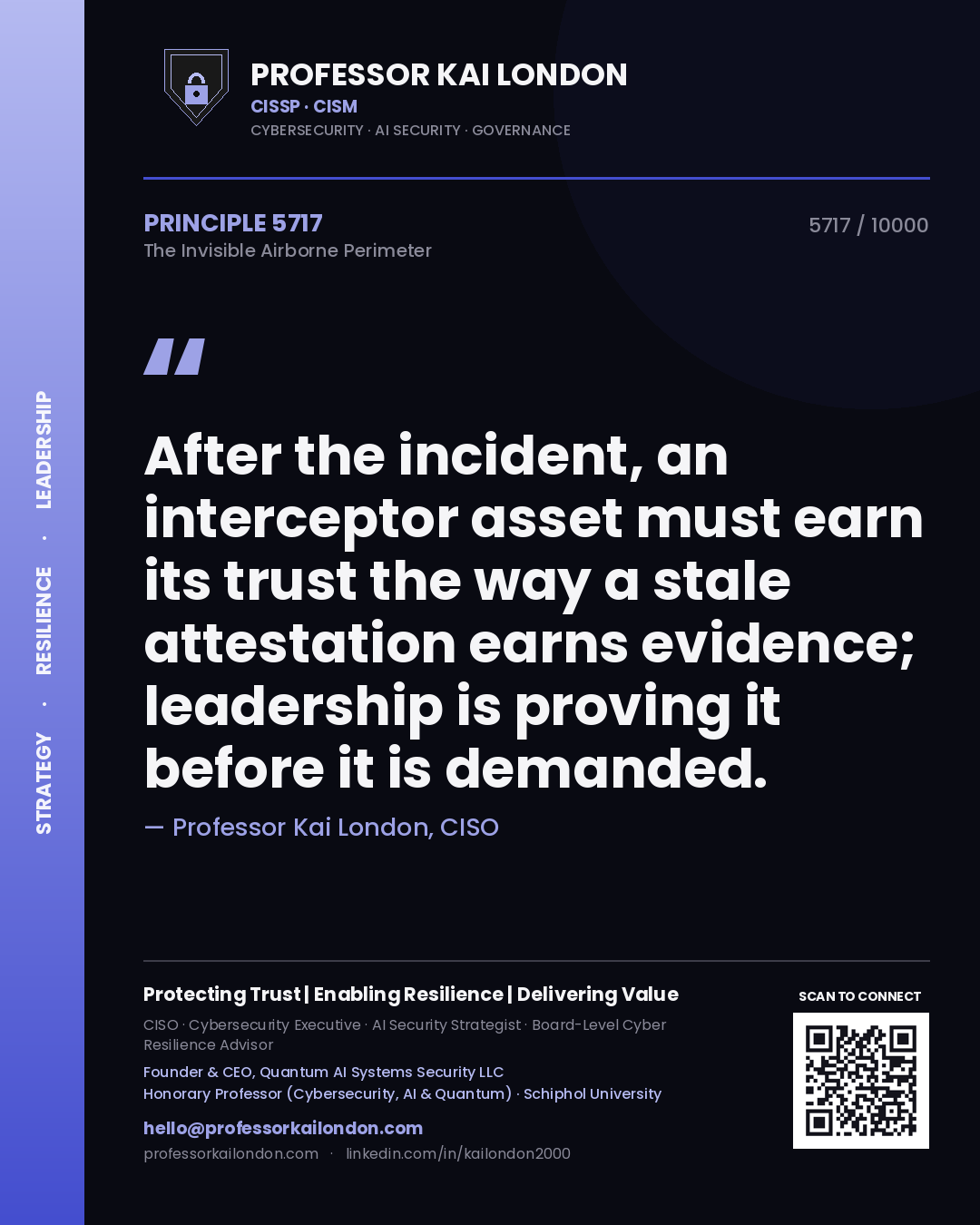 Professor Kai London principle 5717: After the incident, an interceptor asset must earn its trust the way a stale attestation earns evidence; leadership is proving it before it is demanded.