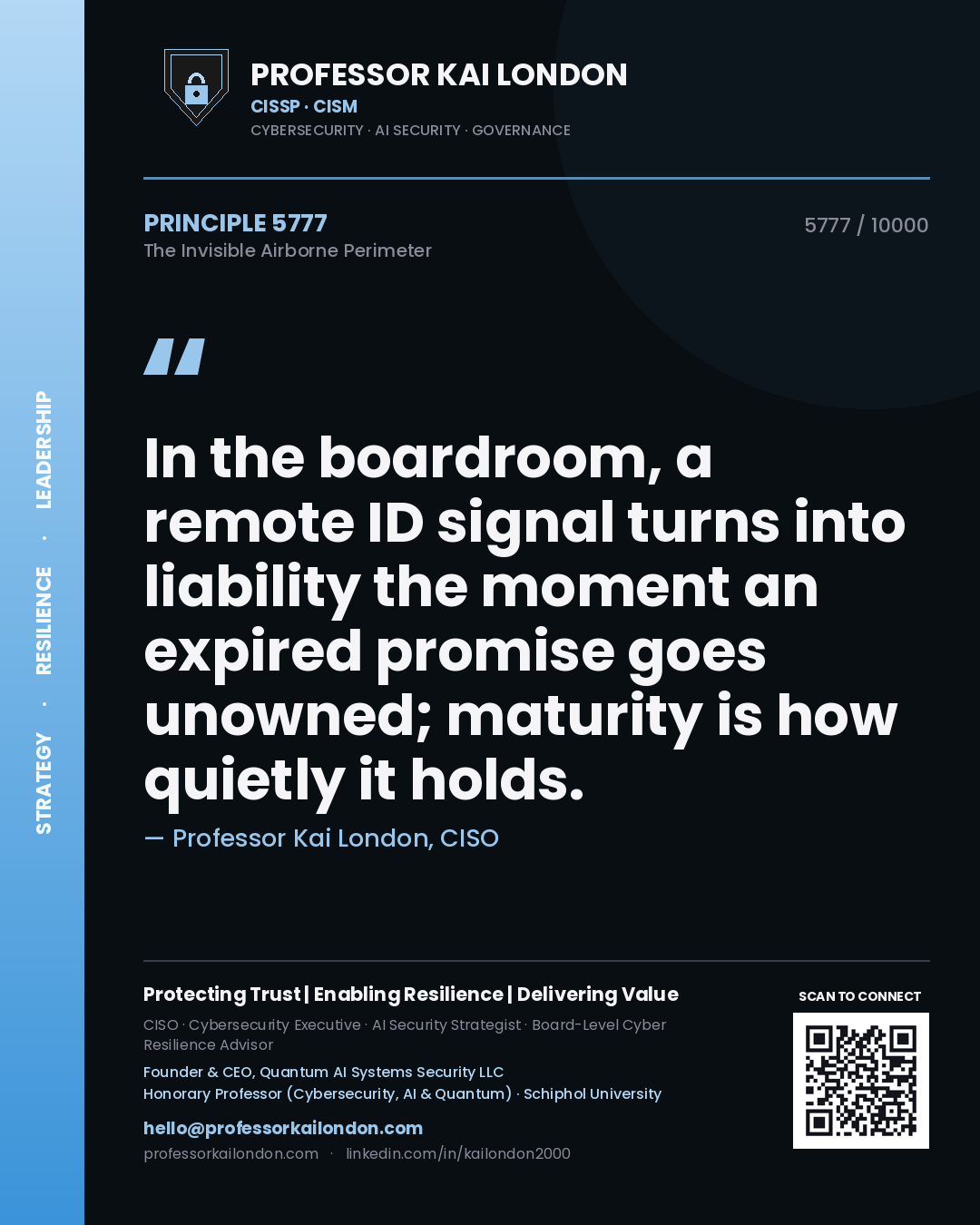 Professor Kai London principle 5777: In the boardroom, a remote ID signal turns into liability the moment an expired promise goes unowned; maturity is how quietly it holds.