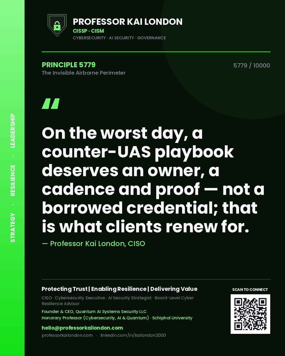 Professor Kai London principle 5779: On the worst day, a counter-UAS playbook deserves an owner, a cadence and proof — not a borrowed credential; that is what clients renew for.
