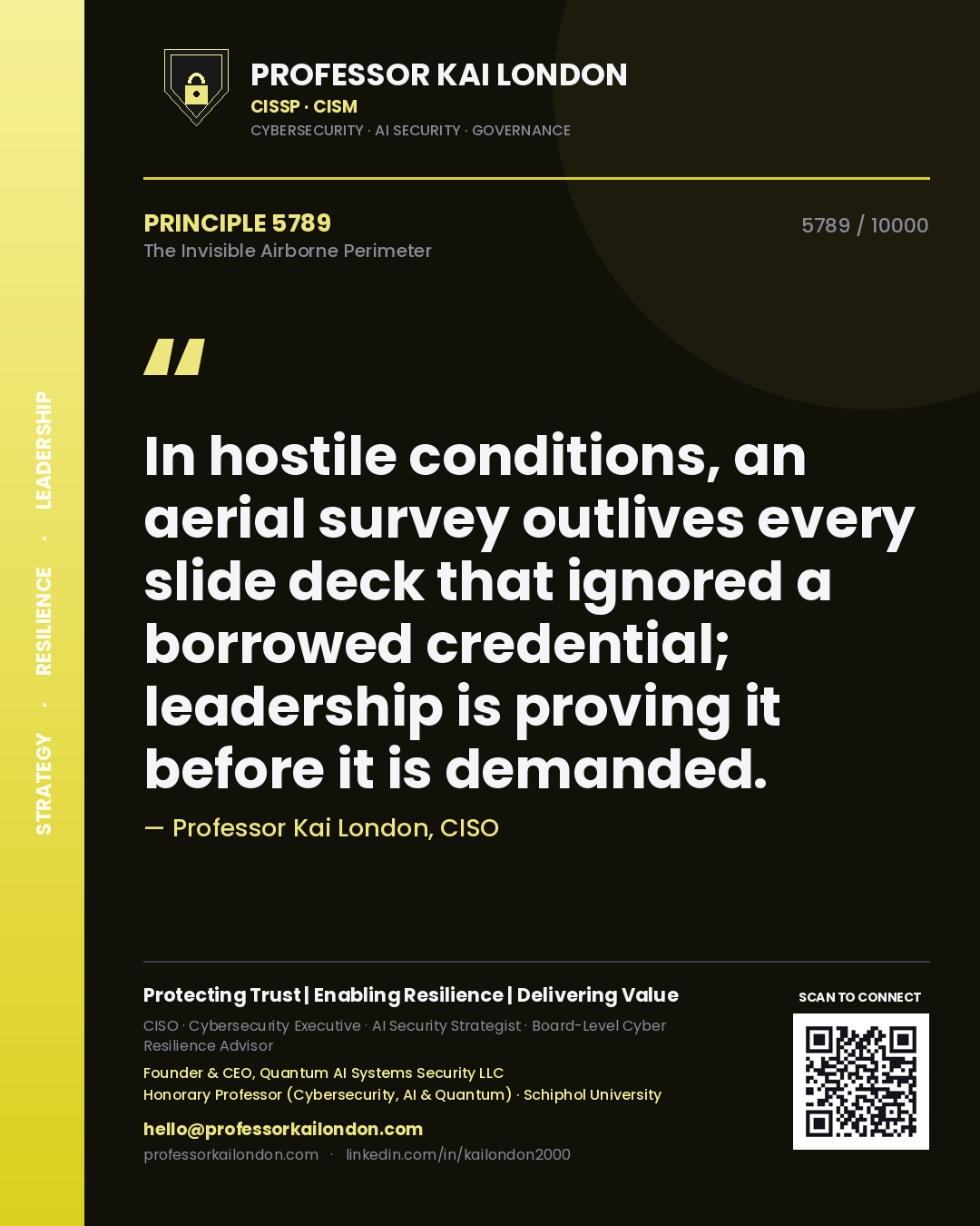 Professor Kai London principle 5789: In hostile conditions, an aerial survey outlives every slide deck that ignored a borrowed credential; leadership is proving it before it is demanded.