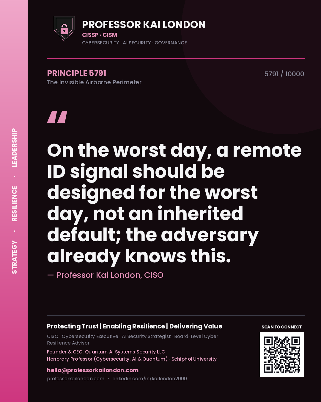Professor Kai London principle 5791: On the worst day, a remote ID signal should be designed for the worst day, not an inherited default; the adversary already knows this.